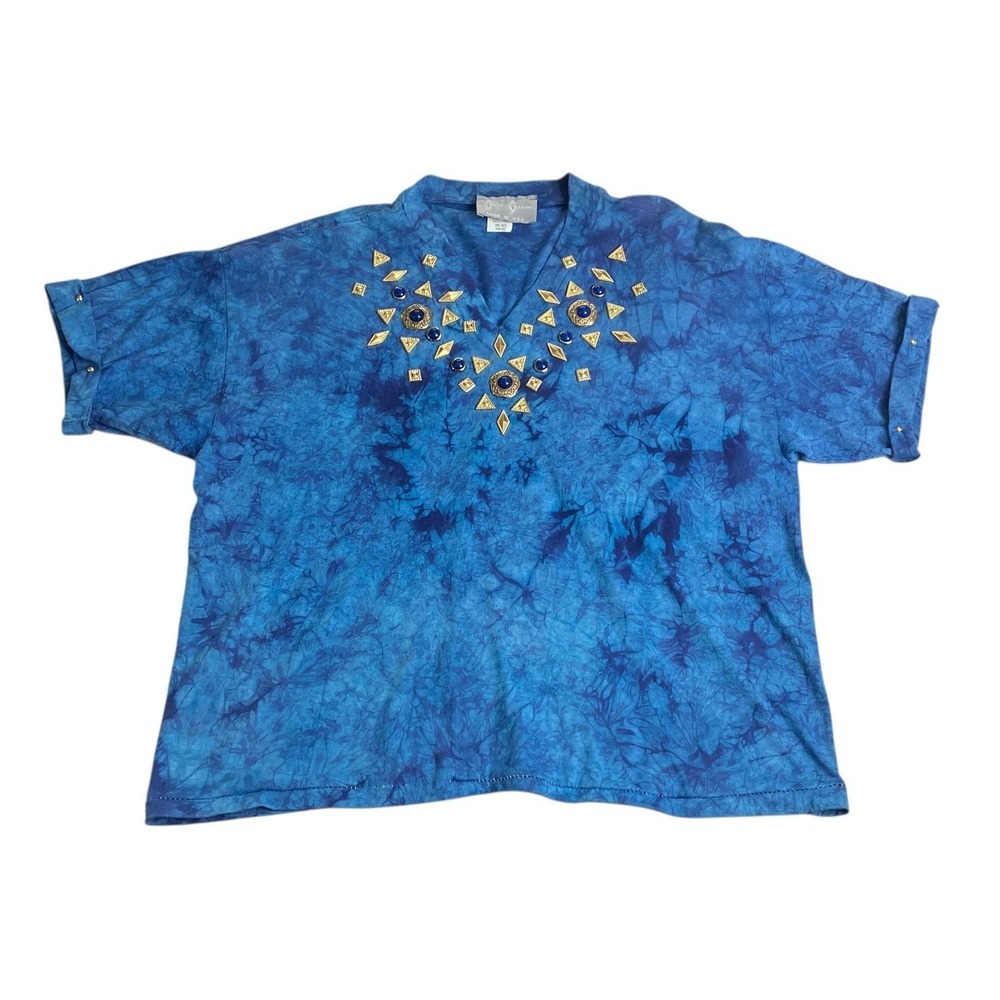 Vintage 80s Cover Charge Womens OS Blue Tie‎ Dye Gold Embellished Studded Glam